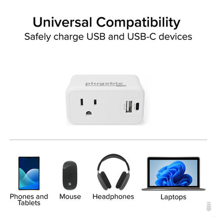 Plugable Extensor de Toma de Pared Blanco con Puerto USB-C 30W USB-A 12W