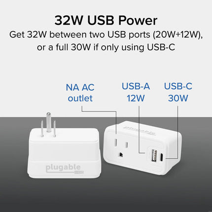 Plugable Extensor de Toma de Pared Blanco con Puerto USB-C 30W USB-A 12W
