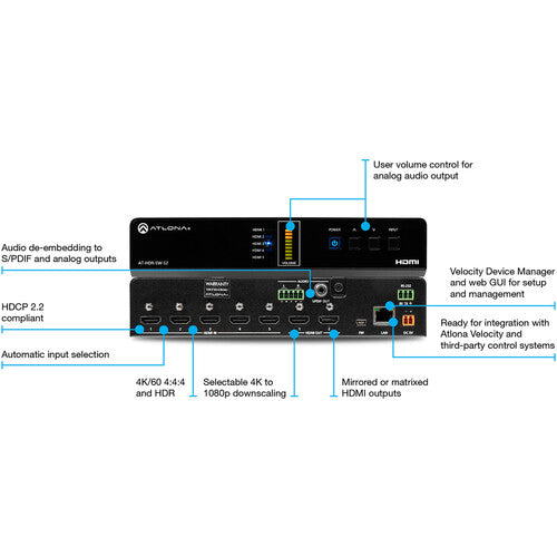 Atlona 5x2 4K HDR HDMI Matriz con 5 Entradas y 2 Salidas HDMI