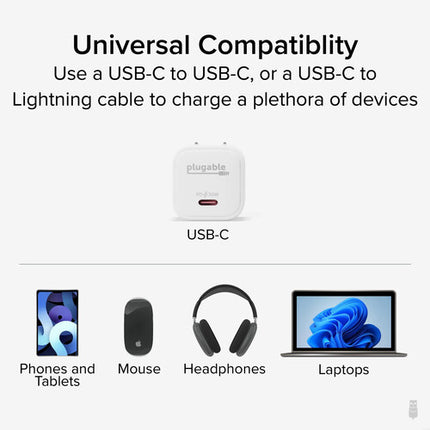 Plugable Cargador de Pared USB-C GaN 30W Blanco con Tecnología Inteligente