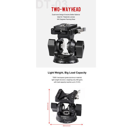 Sunwayfoto DT-03 Cabezal Tilt con Capacidad 33 lb Altura 3.3" y Abrazadera Arca-Type