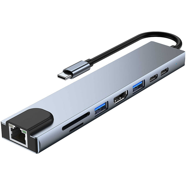 Adaptador Multiport 8 en 1 CAMVATE USB-C Hub Plata 100W HDMI RJ45