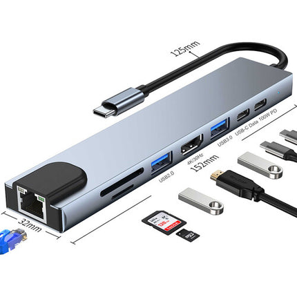 Adaptador Multiport 8 en 1 CAMVATE USB-C Hub Plata 100W HDMI RJ45