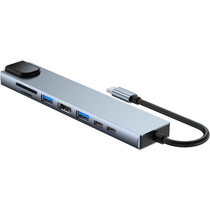 Adaptador Multiport 8 en 1 CAMVATE USB-C Hub Plata 100W HDMI RJ45