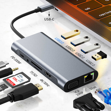 CAMVATE adaptador multipuerto USB-C 11 en 1 plata 100W PD HDMI VGA