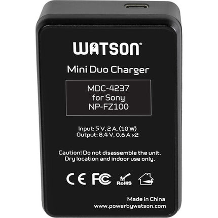 Watson Mini Duo Cargador USB-C para baterías Sony NP-FZ100 con pantalla LCD y adaptador AC