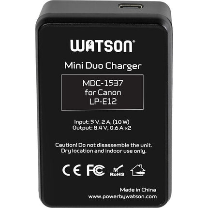 Watson Mini Duo Cargador USB-C para baterías Canon LP-E12 con pantalla LCD y adaptador AC