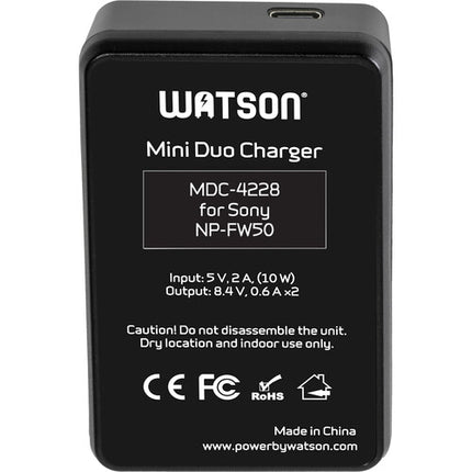 Watson Mini Duo Cargador USB-C para Baterías Sony NP-FW50 con Pantalla LCD y Adaptador AC
