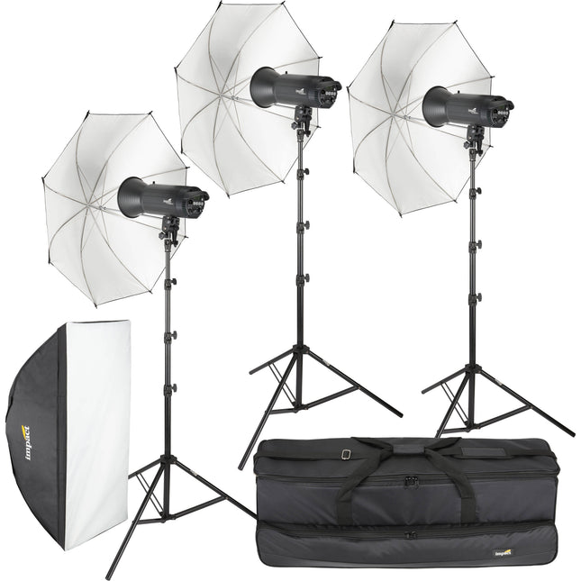 Impact 500Ws Monolight Kit de 3 Luces con Paraguas 40 y Softbox 24x36