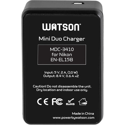 Watson Mini Duo Cargador USB-C para Baterías Nikon EN-EL15 con Pantalla LCD y Adaptador AC