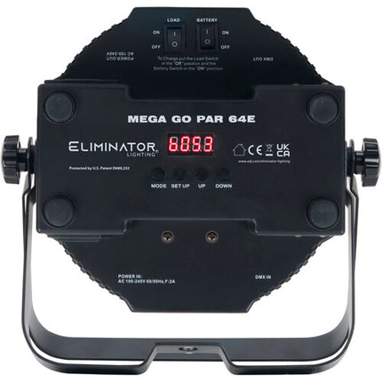 Eliminator Lighting Mega Go Par 64E luz LED RGB UV batería 4.5 horas 30° ángulo