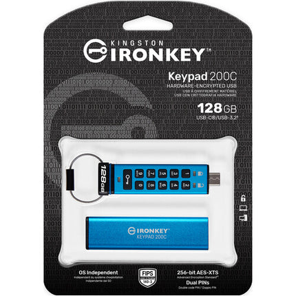 Kingston 128GB IronKey Keypad 200 USB-C 3.2 Gen 1 Unidad Flash 280MB/s Lectura 200MB/s Escritura