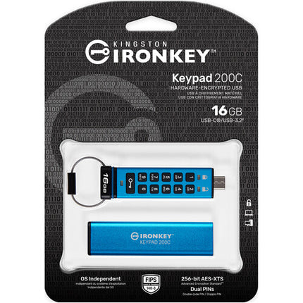 Kingston 16GB IronKey Keypad 200 USB-C 3.2 Gen 1 Unidad Flash 145MBs lectura 115MBs escritura
