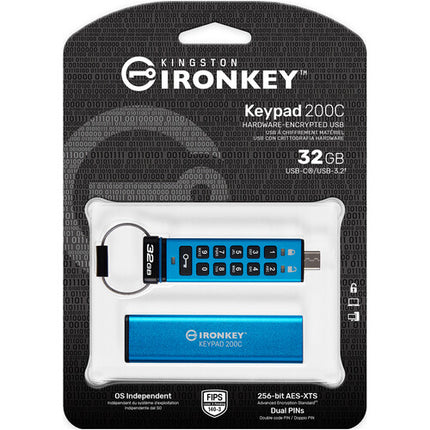Kingston IronKey Keypad 200 USB-C 3.2 Gen 1 Memoria USB 32GB 145MBs Lectura 115MBs Escritura
