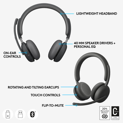Logitech Zone 950 Auriculares Inalámbricos On-Ear Bluetooth 5.2 15 Horas Talk Time