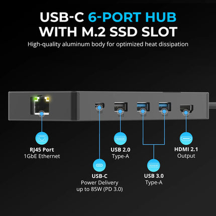 Sabrent USB-C Hub con 6 Puertos y Ranura M.2 SSD 4K 60Hz y 90W PD