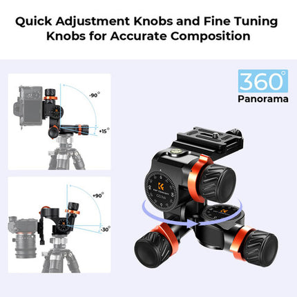 K&F Concept Cabezal de Trípode Geared 3 Vías Capacidad 6kg Altura 11.4cm con Placa de Liberación Rápida