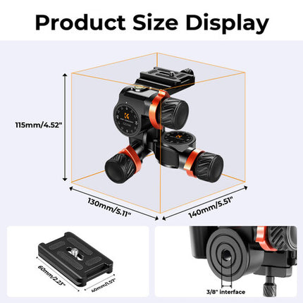 K&F Concept Cabezal de Trípode Geared 3 Vías Capacidad 6kg Altura 11.4cm con Placa de Liberación Rápida