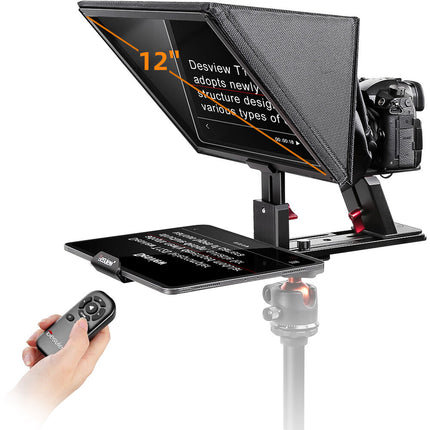 Desview T12S teleprompter portátil 12.9" con vidrio beamsplitter 70/30 y control remoto Bluetooth