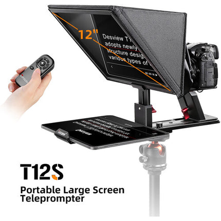 Desview T12S teleprompter portátil 12.9" con vidrio beamsplitter 70/30 y control remoto Bluetooth