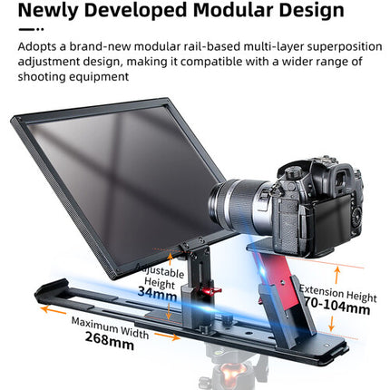 Desview T12S teleprompter portátil 12.9" con vidrio beamsplitter 70/30 y control remoto Bluetooth