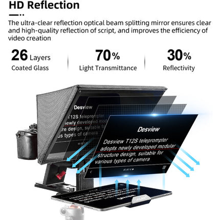 Desview T12S teleprompter portátil 12.9" con vidrio beamsplitter 70/30 y control remoto Bluetooth
