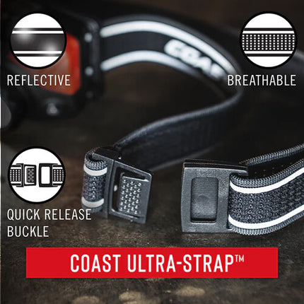 COAST FL75R Linterna frontal LED recargable haz puro 530 lúmenes resistencia al agua y banda reflectante