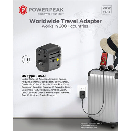 PowerPeak Adaptador de Corriente Universal con USB-C PD y 2 USB-A 100-250 VAC