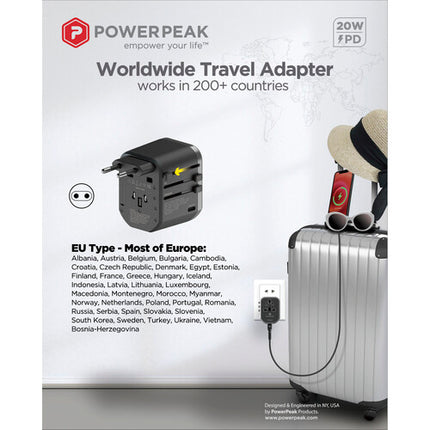 PowerPeak Adaptador de Corriente Universal con USB-C PD y 2 USB-A 100-250 VAC