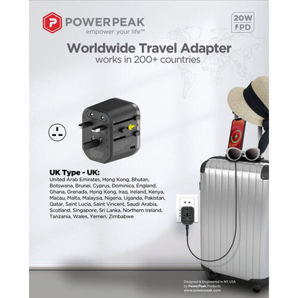 PowerPeak Adaptador de Corriente Universal con USB-C PD y 2 USB-A 100-250 VAC