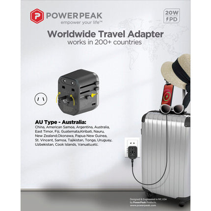 PowerPeak Adaptador de Corriente Universal con USB-C PD y 2 USB-A 100-250 VAC