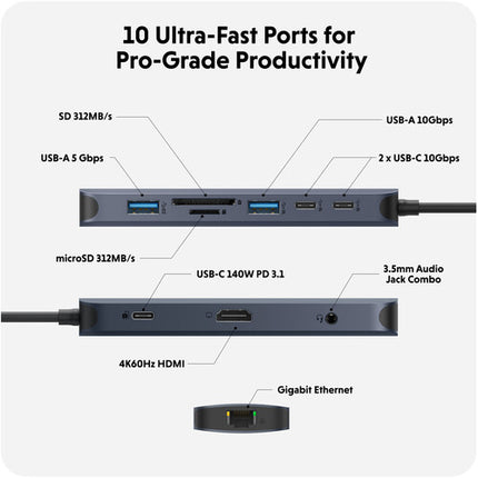 HYPER HyperDrive Next Hub USB-C 10 Puertos 4K 60Hz 140W PD Azul