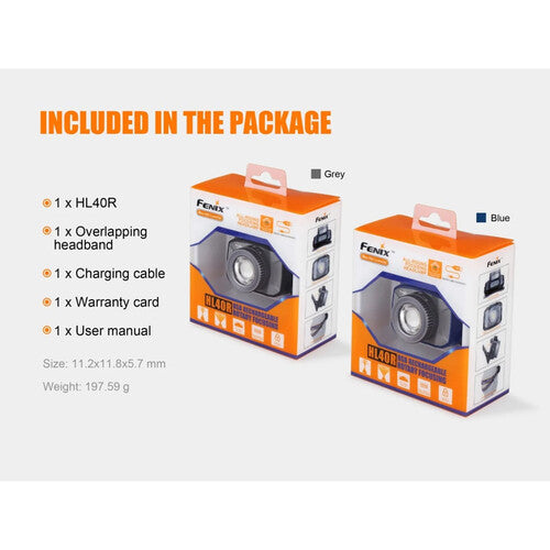 Fenix Linterna Frontal Recargable HL40 600 Lúmenes Gris con Cable USB