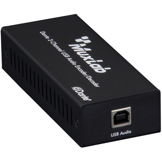 MuxLab Dante codificador decodificador audio USB 2 canales 96kHz PoE