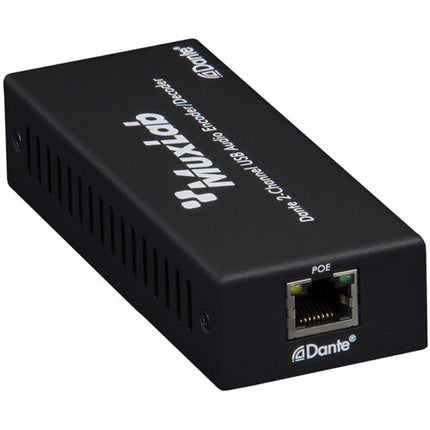 MuxLab Dante codificador decodificador audio USB 2 canales 96kHz PoE