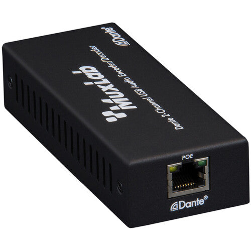 MuxLab Dante codificador decodificador audio USB 2 canales 96kHz PoE