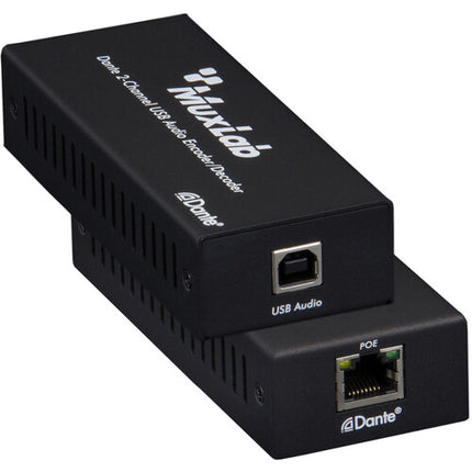 MuxLab Dante codificador decodificador audio USB 2 canales 96kHz PoE