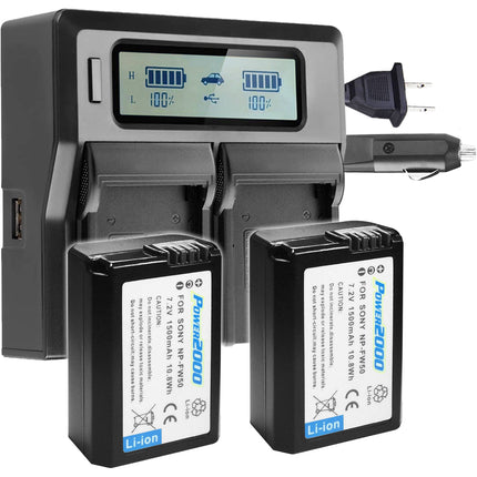 Power2000 Kit de baterías NP-FW50 7.2V 1500mAh y cargador dual con LCD