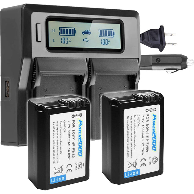 Power2000 Kit de baterías NP-FW50 7.2V 1500mAh y cargador dual con LCD