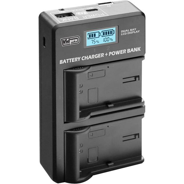 Vidpro VDL-110 Cargador Dual LCD con Power Bank para Olympus BLX1 con cable USB integrado y puertos USB-A y USB-C