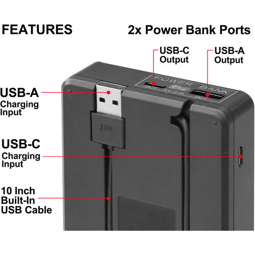 Vidpro VDL-110 Cargador Dual LCD con Power Bank para Olympus BLX1 con cable USB integrado y puertos USB-A y USB-C