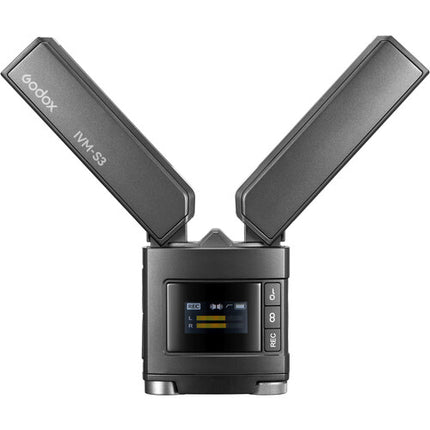 Godox IVM-S3 Micrófono Dual Cardioide Ajustable para Cámara con Grabación y Batería Integrada de 15 Horas
