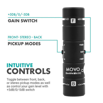 Movo Photo DoubleMic-UC Micrófono Shotgun Cardioide Doble Lado para USB-C con Control de Audio Ajustable