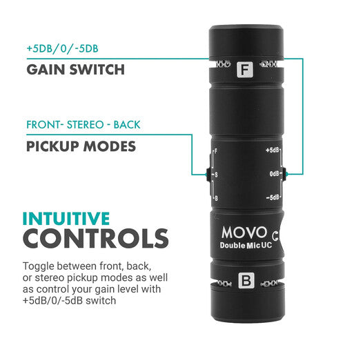 Movo Photo DoubleMic-UC Micrófono Shotgun Cardioide Doble Lado para USB-C con Control de Audio Ajustable