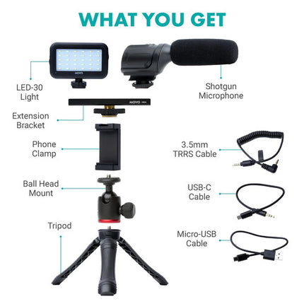 Movo Photo uVlogger Kit de Vlogging para USB-C con Micrófono Shotgun Luz LED y Trípode Ajustable