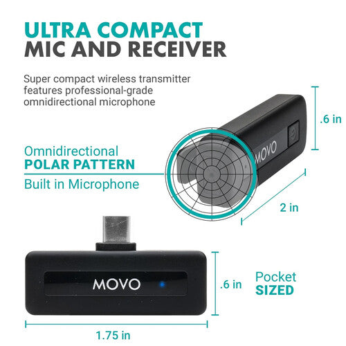 Movo Photo Mini UC Micrófono Inalámbrico para USB-C 164ft Batería 10h