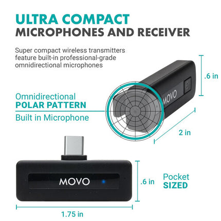 Movo Photo Mini UC DUO Sistema de Micrófono Inalámbrico para 2 Personas con Alcance 50 m y Batería 10 h