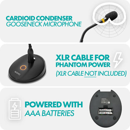 Movo Photo GM-9 Micrófono Condensador Cardioide Flexible 18" con Base XLR