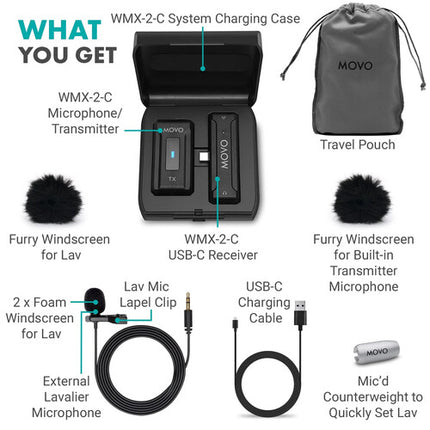 Movo Photo WMX-2-C Sistema de Micrófono Inalámbrico 2.4 GHz 328' Alcance con Estuche de Carga