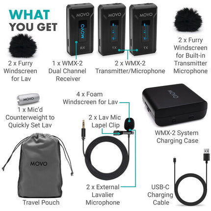 Movo Photo WMX-2-DUO Sistema de Micrófono Inalámbrico Doble Canal 328' Alcance USB-C